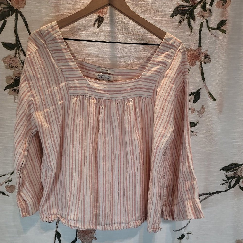 Rachel Zoe Pink White Stripe Linen Blouse Top Spring Summer Casual Lightweight
